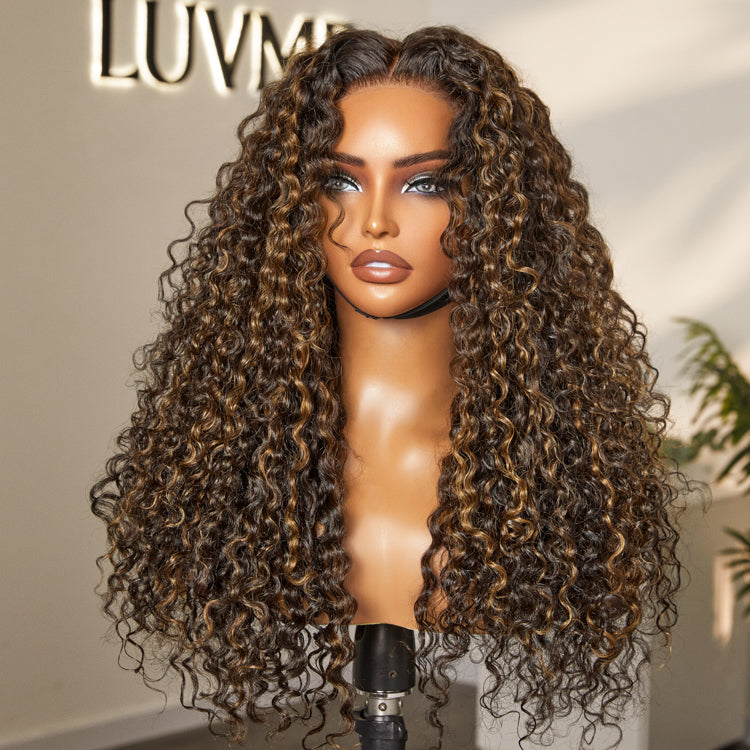 Special Price | Brown Highlights Funmi Curly Glueless 5x5 Closure Lace Long Curly Wig Beginner Friendly | Large & Small Cap Size-01