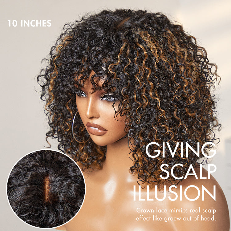 1 SEC INSTALL WIG | Brown Highlight Water Wave Natural Scalp Glueless Minimalist Lace Short Curly Wig with Bangs