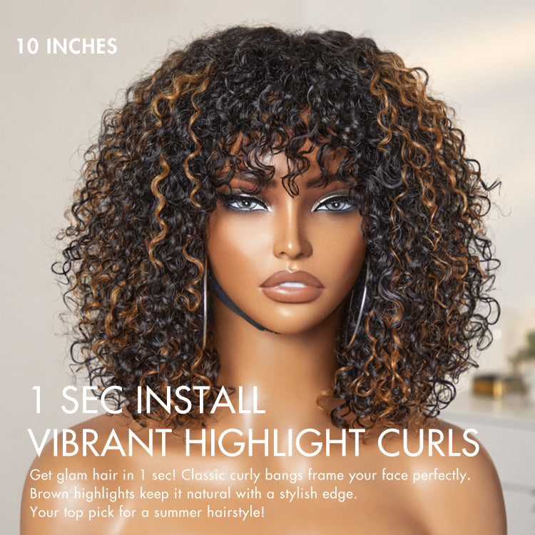 1 SEC INSTALL WIG | Brown Highlight Water Wave Natural Scalp Glueless Minimalist Lace Short Curly Wig with Bangs