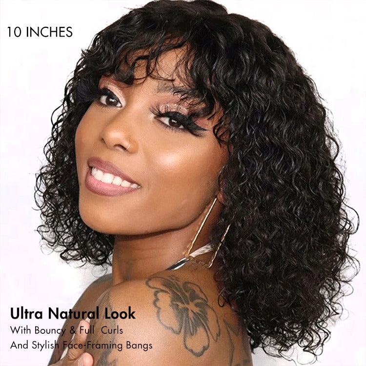 1 SEC INSTALL WIG | Brown Highlight Water Wave Natural Scalp Glueless Minimalist Lace Short Curly Wig with Bangs