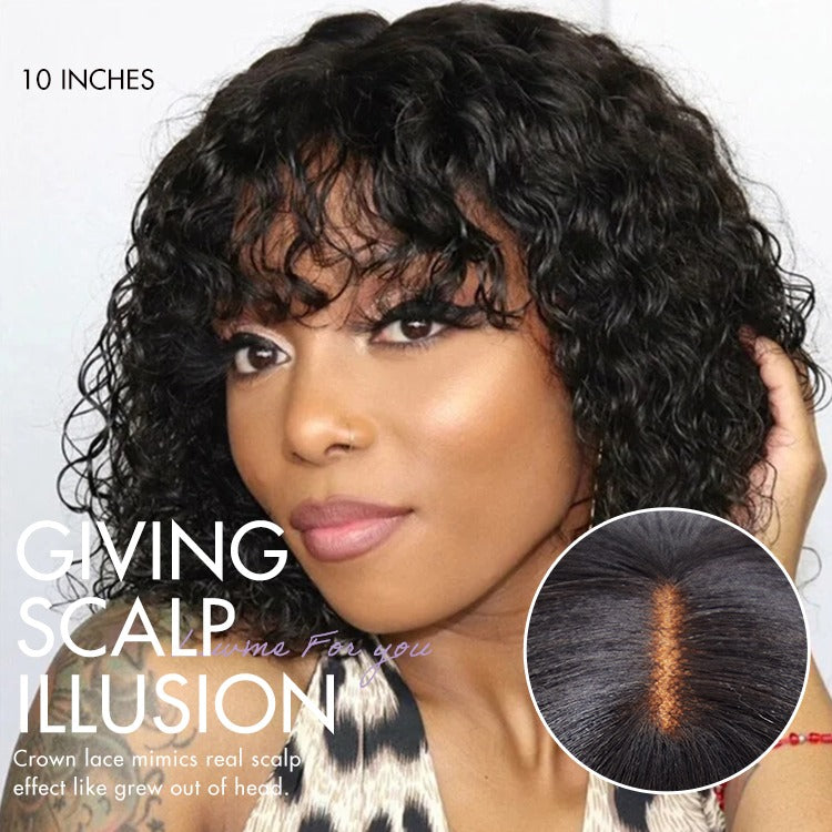 1 SEC INSTALL WIG | Brown Highlight Water Wave Natural Scalp Glueless Minimalist Lace Short Curly Wig with Bangs