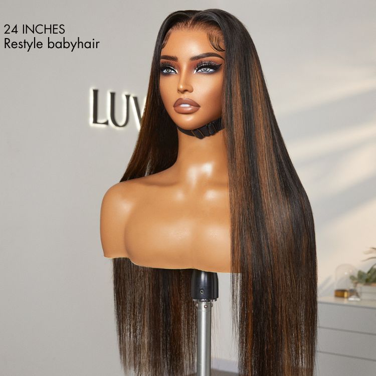 PreMax Wigs | Ultra Natural Hairline Brown Highlight Silky Straight Glueless 13x4 Frontal Lace Long Wig Pre-Cut Lace