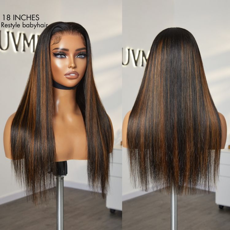 [morgantasneem]'s Special Link PreMax Wigs | Ultra Natural Hairline Brown Highlight & Natural Black Silky Straight Glueless 13x4 Frontal Lace Long Wig Pre-Cut Lace-08