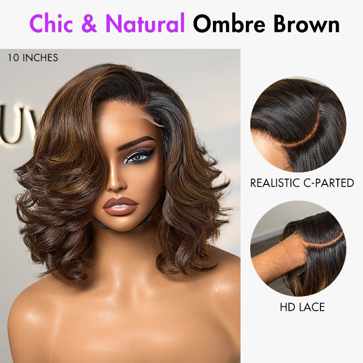 Ombre Brown Butterfly Layers Loose Wave Glueless Minimalist HD Lace Short Wig Easy to Wear