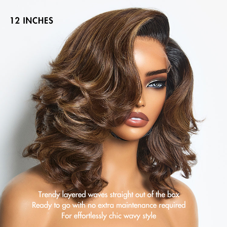 Ombre Brown Butterfly Layers Loose Wave Glueless Minimalist HD Lace Short Wig Easy to Wear