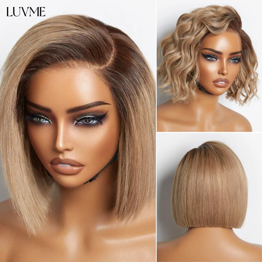 1 Sec Install Wig | Ash Blonde Ombre / Natural Black Blunt Cut Bob Glueless Minimalist HD Lace Short Bob Wig Ready to Go