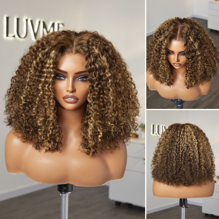 OUTLET | Honey Blonde Highlight Kinky Curly Glueless 5x5 Closure HD Lace Wig Breathable Cap-01