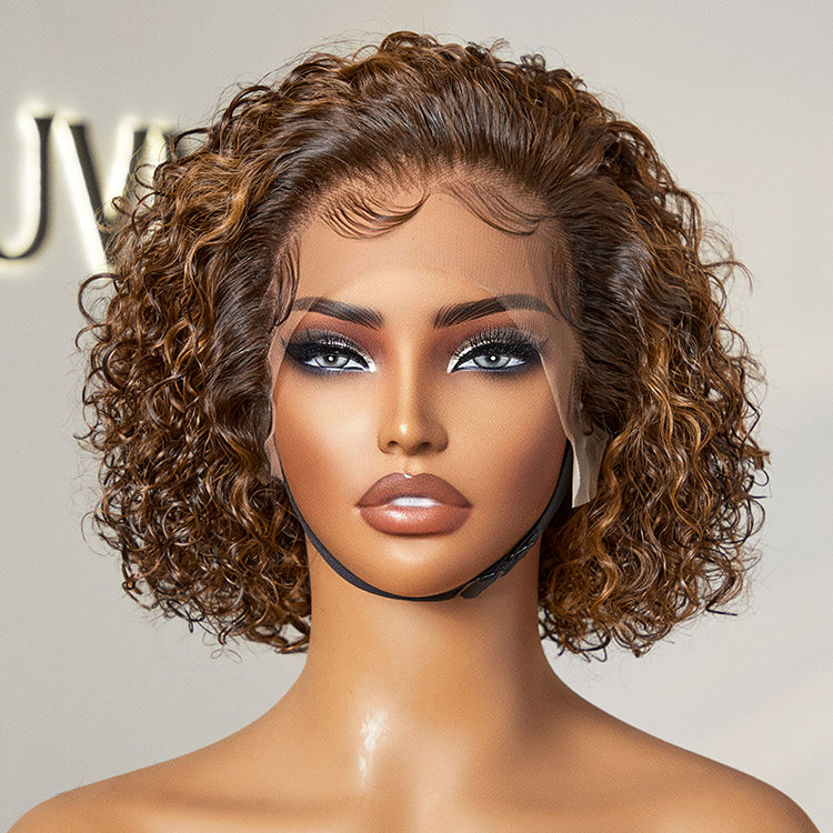 Brown Highlight Short Cut Slicked Back Curly Ear-to-ear Wide T Lace Wig