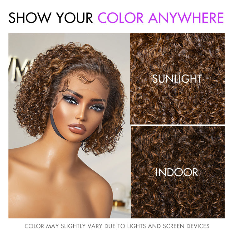 Brown Highlight Short Cut Slicked Back Curly Ear-to-ear Wide T Lace Wig