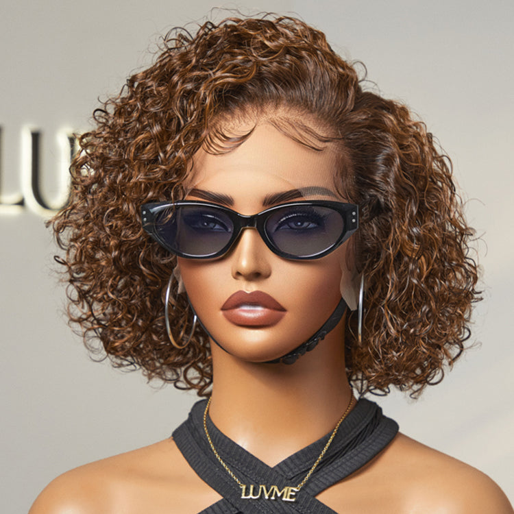 Outlet I Brown Highlight Short Cut Slicked Back Curly Ear-to-ear Wide T Lace Wig-01