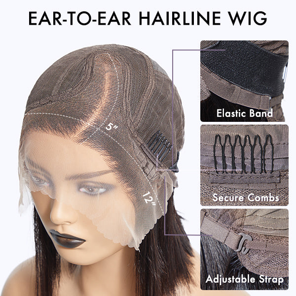 Brown Highlight Short Cut Slicked Back Curly Ear-to-ear Wide T Lace Wig