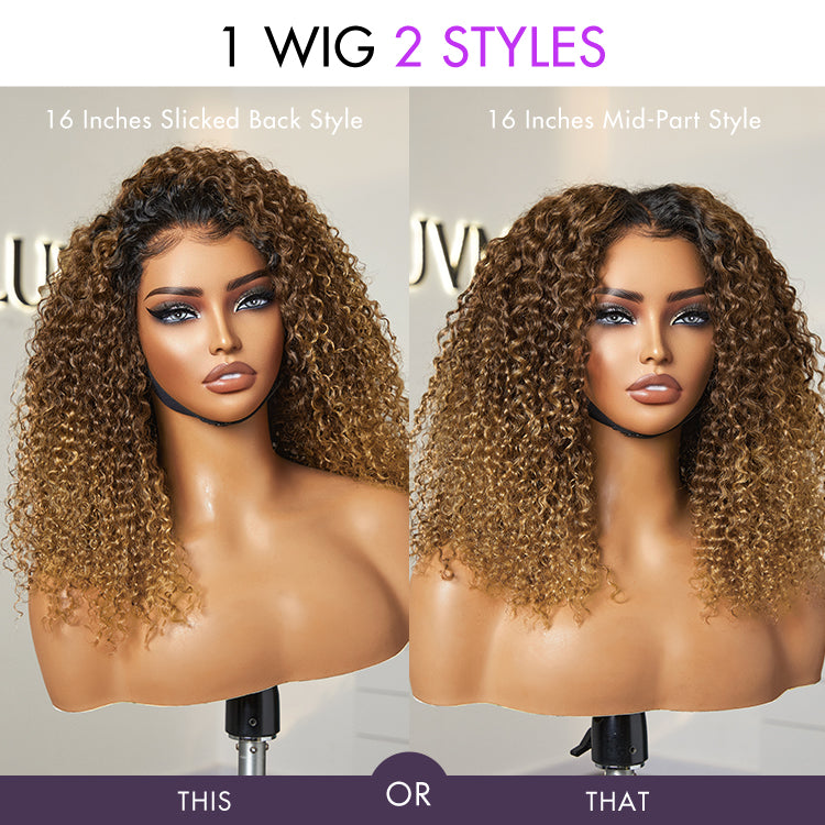 1 SEC INSTALL WIG | Sun-kissed Ombre Blonde Kinky Curly Glueless 5x5 Clouse Pre-Cut Lace Shoulder Length Wig