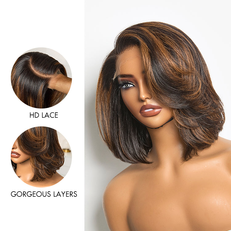 Limited Design | Toffee Brown Mix Blonde / Natural Black Layered Cut Glueless 5x5 Closure Lace Bob Wig