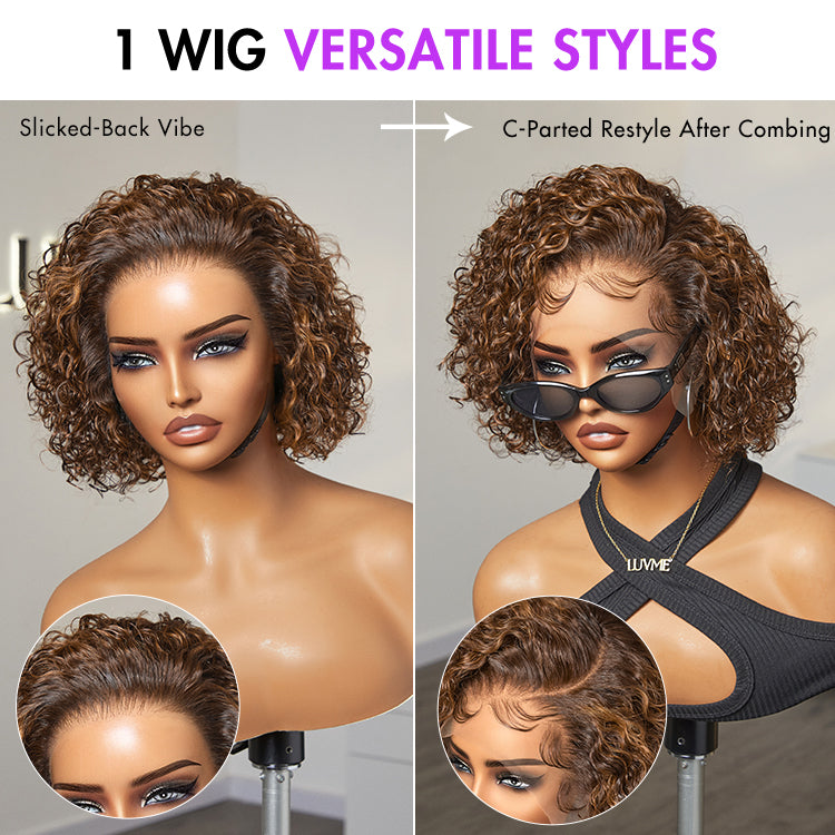 Brown Highlight Short Cut Slicked Back Curly Ear-to-ear Wide T Lace Wig