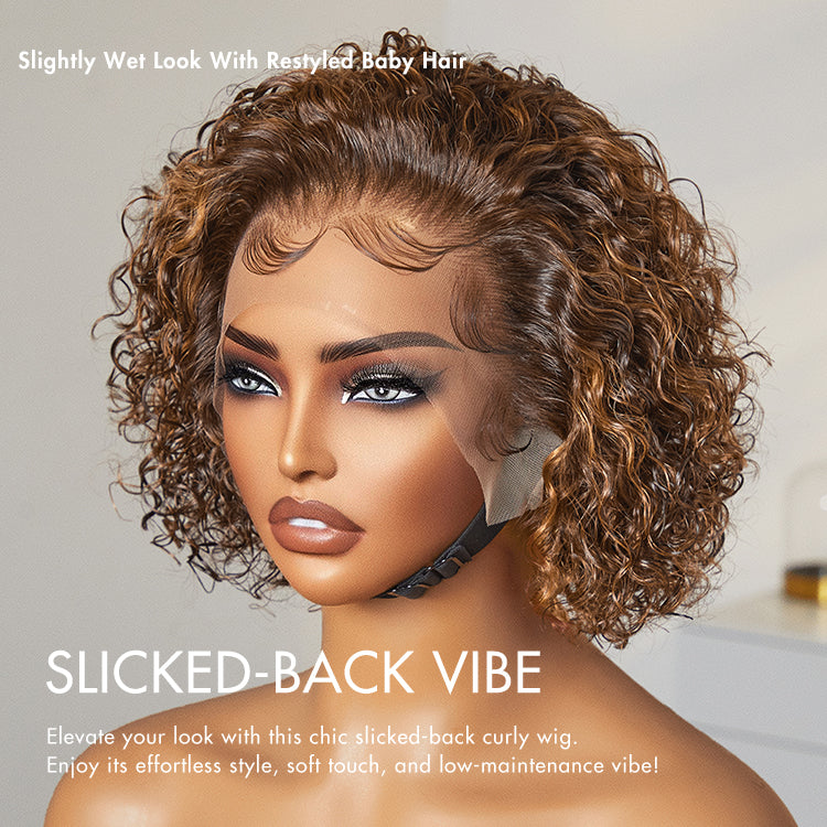 Brown Highlight Short Cut Slicked Back Curly Ear-to-ear Wide T Lace Wig