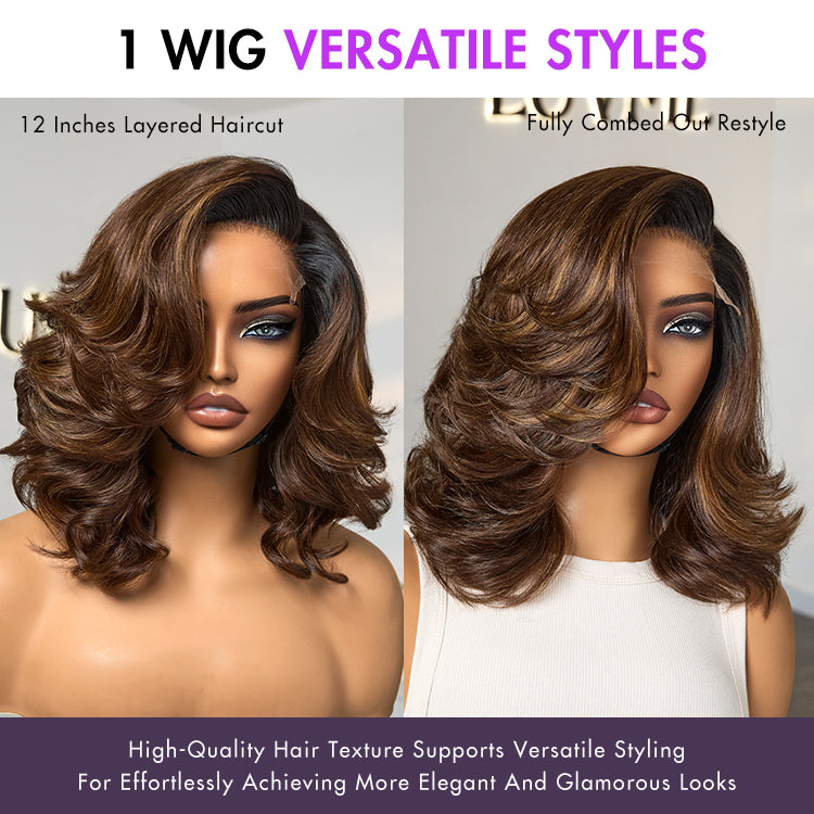 Ombre Brown Butterfly Layers Loose Wave Glueless Minimalist HD Lace Short Wig Easy to Wear