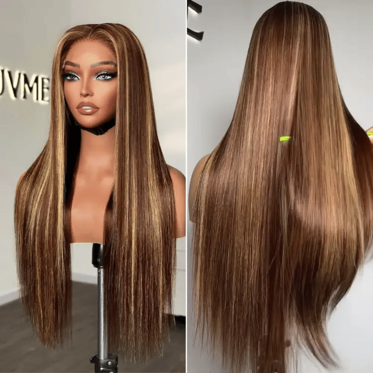 Honey Blonde Highlight Silky Straight Glueless 5x5 Closure HD Lace Long Wig-01