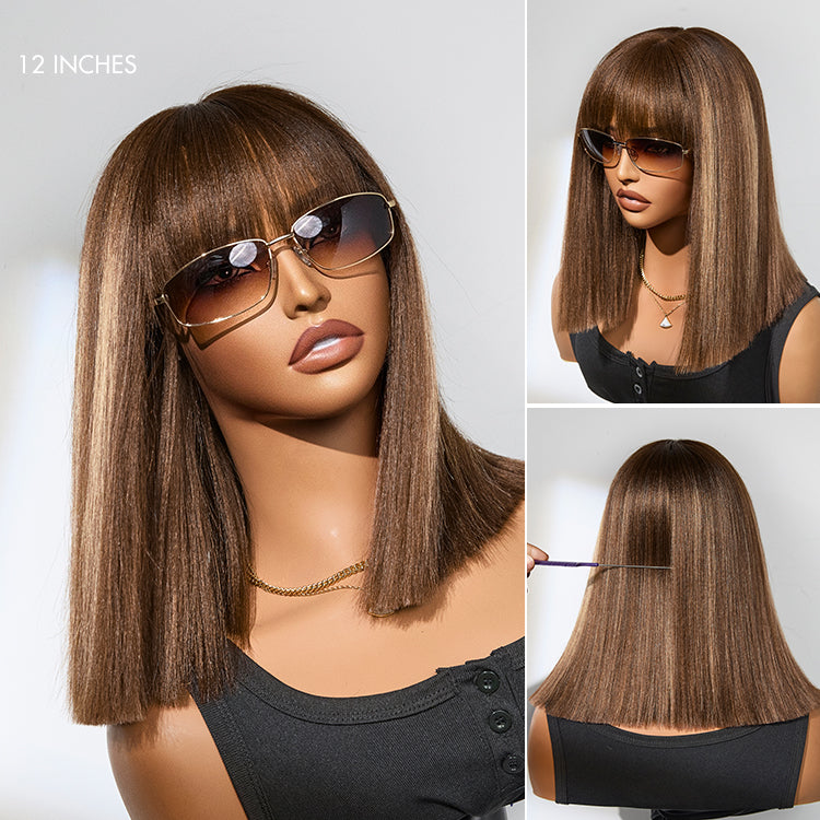 Ash Blonde Highlights Yaki Blunt Cut Bob Wig with Bangs Glueless Minimalist Lace Short Wig Breathable Cap