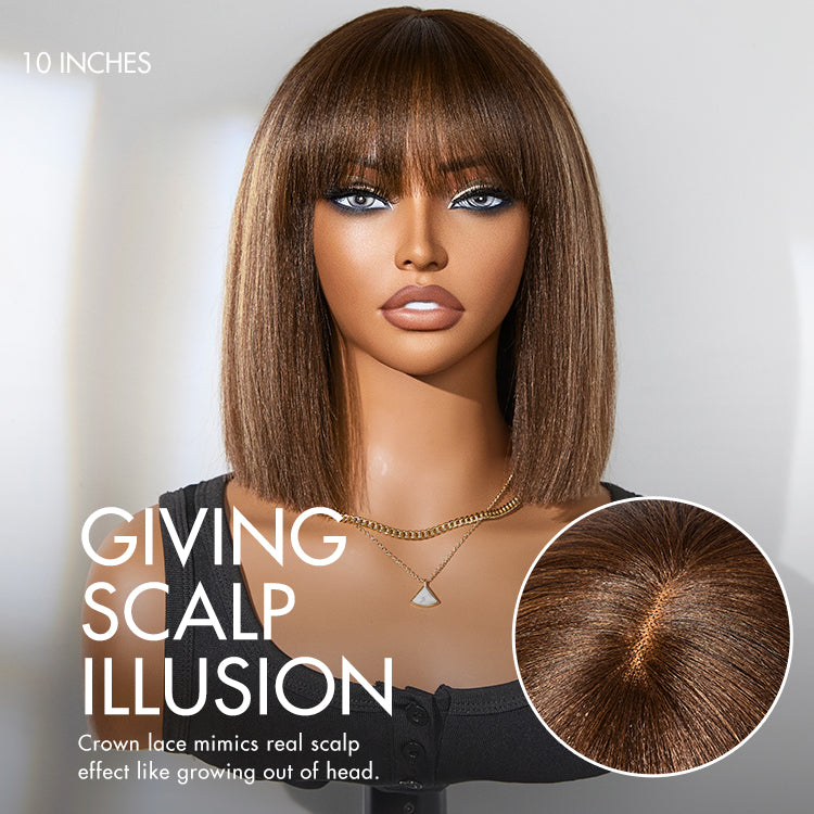 Ash Blonde Highlights Yaki Blunt Cut Bob Wig with Bangs Glueless Minimalist Lace Short Wig Breathable Cap