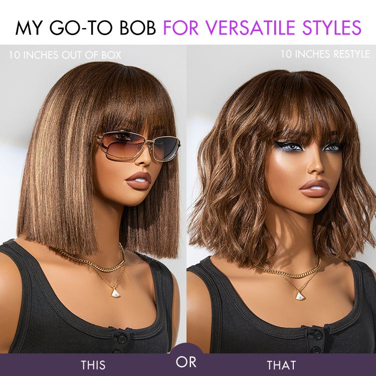 Put On and Go Realistic Glueless Yaki Straight Bob with Bangs Minimalist Lace Wig 100% Human Hair