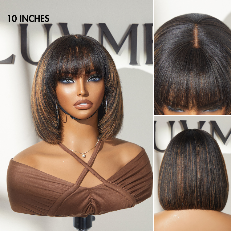 Put On and Go Brown Highlight / Natural Black Layered Cut Yaki Straight Minimalist Lace Bob Wig with Bangs