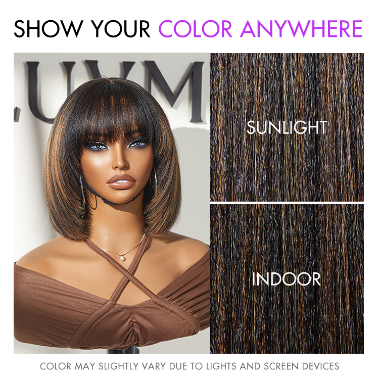 Put On and Go Brown Highlight / Natural Black Layered Cut Yaki Straight Minimalist Lace Bob Wig with Bangs