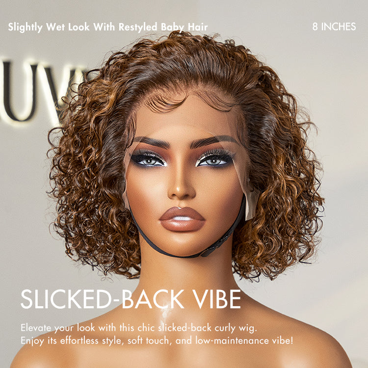 Brown Highlight Short Cut Slicked Back Curly Ear-to-ear Wide T Lace Wig