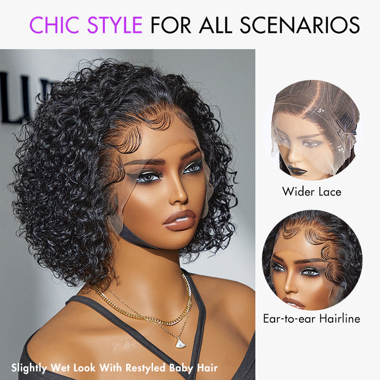 Brown Highlight Short Cut Slicked Back Curly Ear-to-ear Wide T Lace Wig