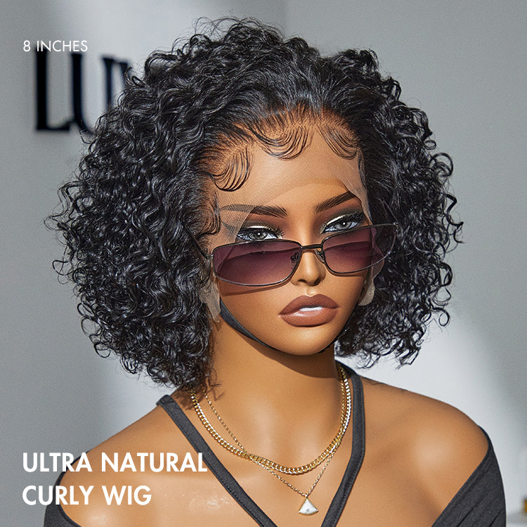 Brown Highlight Short Cut Slicked Back Curly Ear-to-ear Wide T Lace Wig