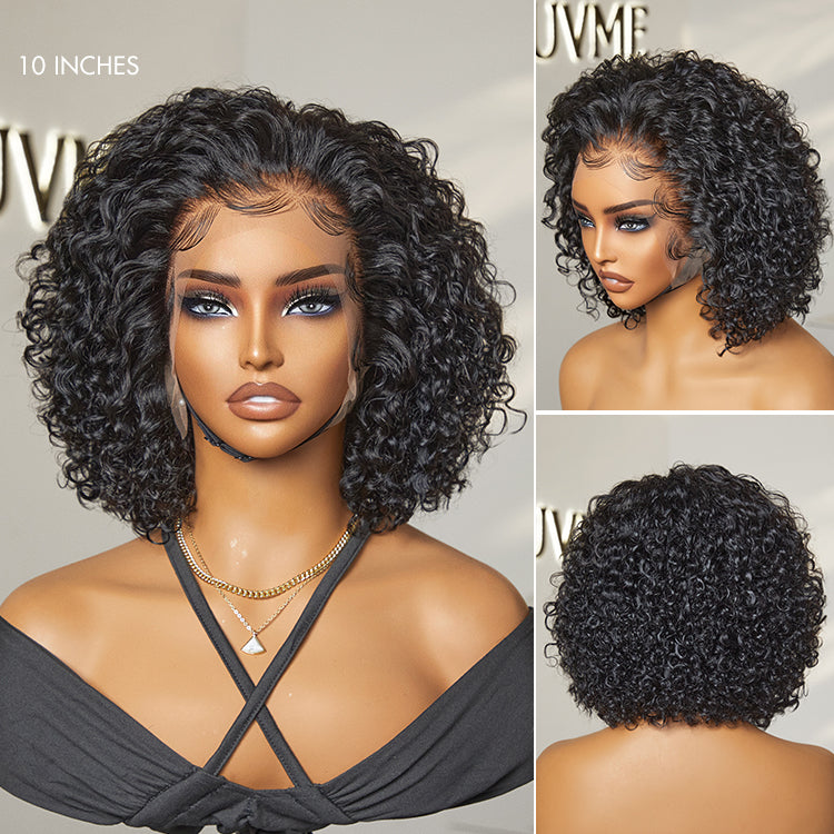 Brown Highlight Short Cut Slicked Back Curly Ear-to-ear Wide T Lace Wig