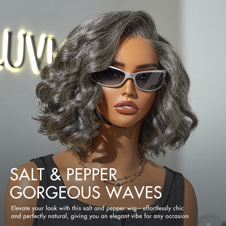 Boss Vibe Salt & Pepper Layered Bob / Body Wave Glueless Pre-Cut Minimalist Lace Grey Wig