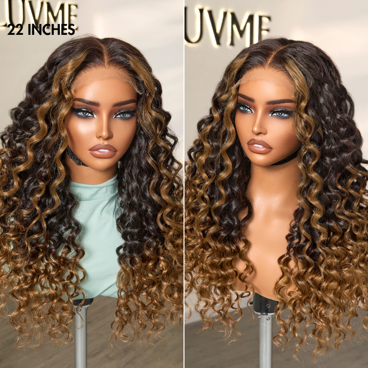 OUTLET | Fluffy Brown Ombre Highlights Water Wave Glueless 5x5 Closure HD Lace Long Curly Wig Breathable Cap