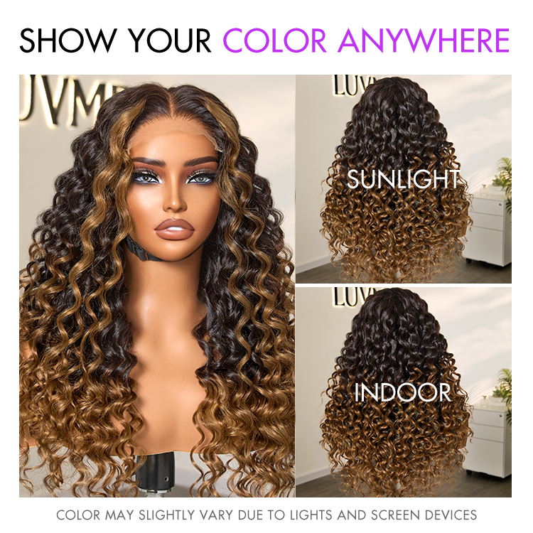 OUTLET | Fluffy Brown Ombre Highlights Water Wave Glueless 5x5 Closure HD Lace Long Curly Wig Breathable Cap