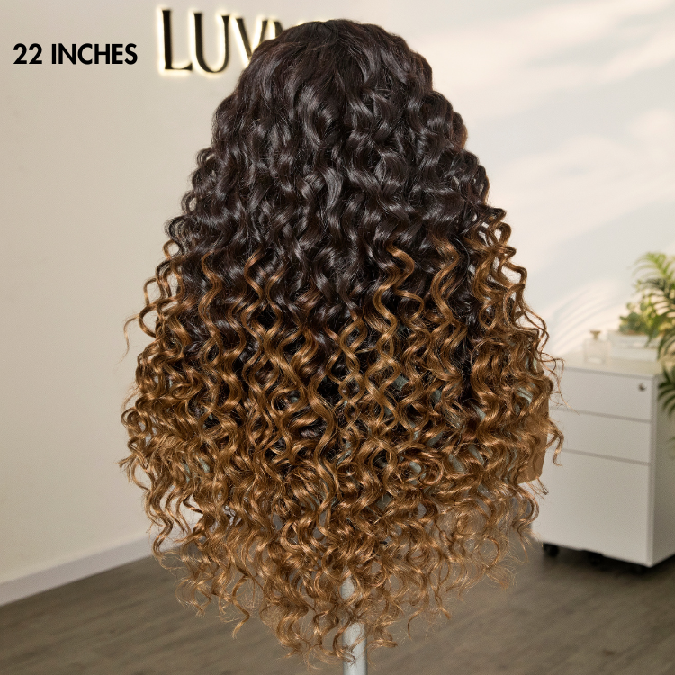 OUTLET | Fluffy Brown Ombre Highlights Water Wave Glueless 5x5 Closure HD Lace Long Curly Wig Breathable Cap