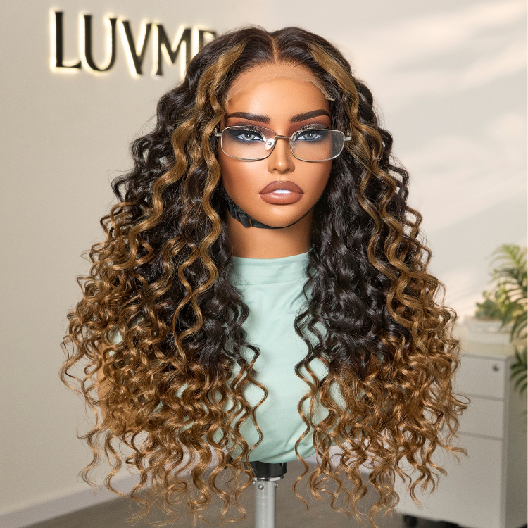 OUTLET | Fluffy Brown Ombre Highlights Water Wave Glueless 5x5 Closure HD Lace Long Curly Wig Breathable Cap