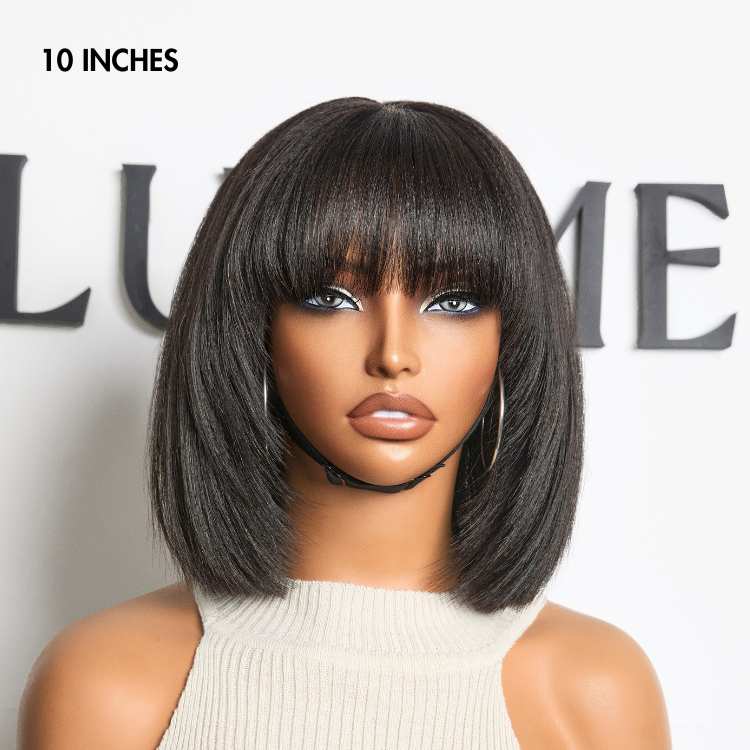 Put On and Go Brown Highlight / Natural Black Layered Cut Yaki Straight Minimalist Lace Bob Wig with Bangs