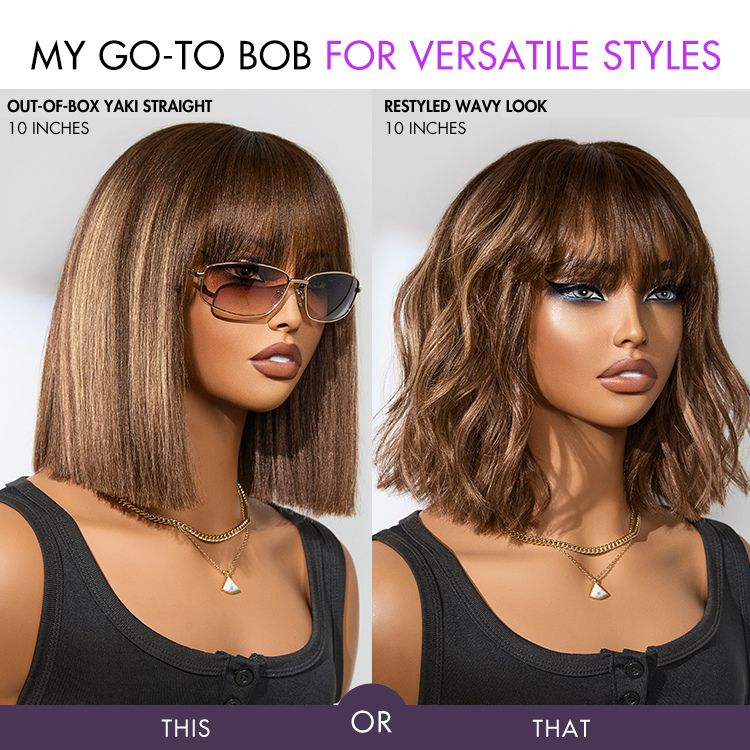 Ash Blonde Highlights Yaki Blunt Cut Bob Wig with Bangs Glueless Minimalist Lace Short Wig Breathable Cap