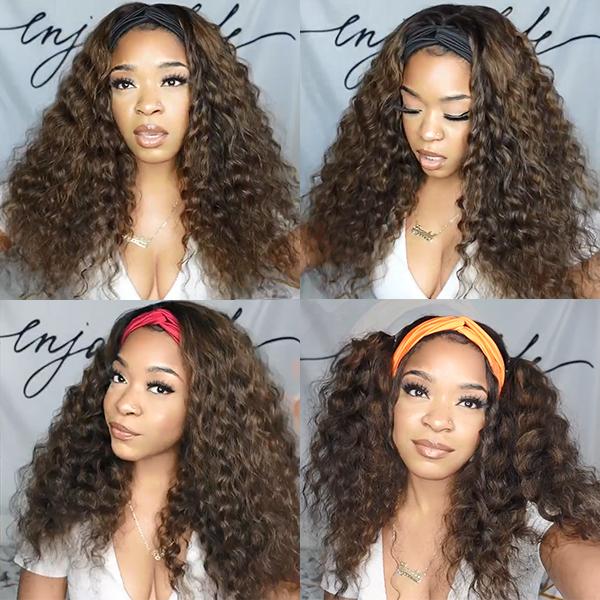 Worth |Highlight Color / Natuarl Black Deep Curly Headband Wig 100% Human Hair