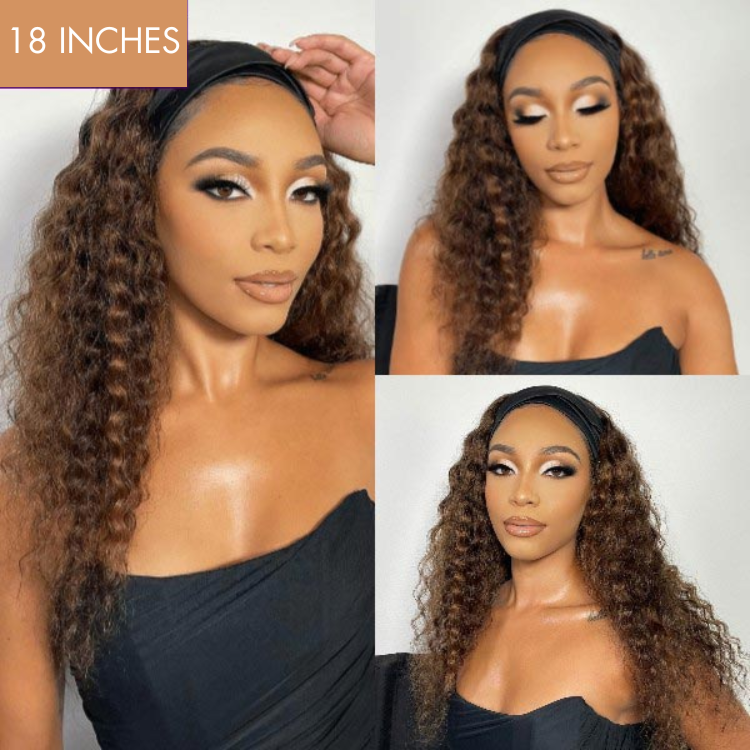 Worth |Highlight Color / Natuarl Black Deep Curly Headband Wig 100% Human Hair