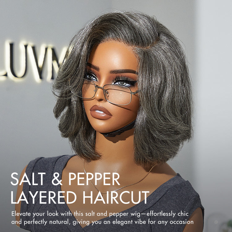 Boss Vibe Salt & Pepper Layered Bob / Body Wave Glueless Pre-Cut Minimalist Lace Grey Wig