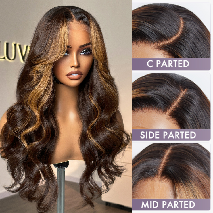 Breathable Cap Brown Highlight Loose Wave Glueless 5x5 Closure HD Lace Wig With Curtain Bangs