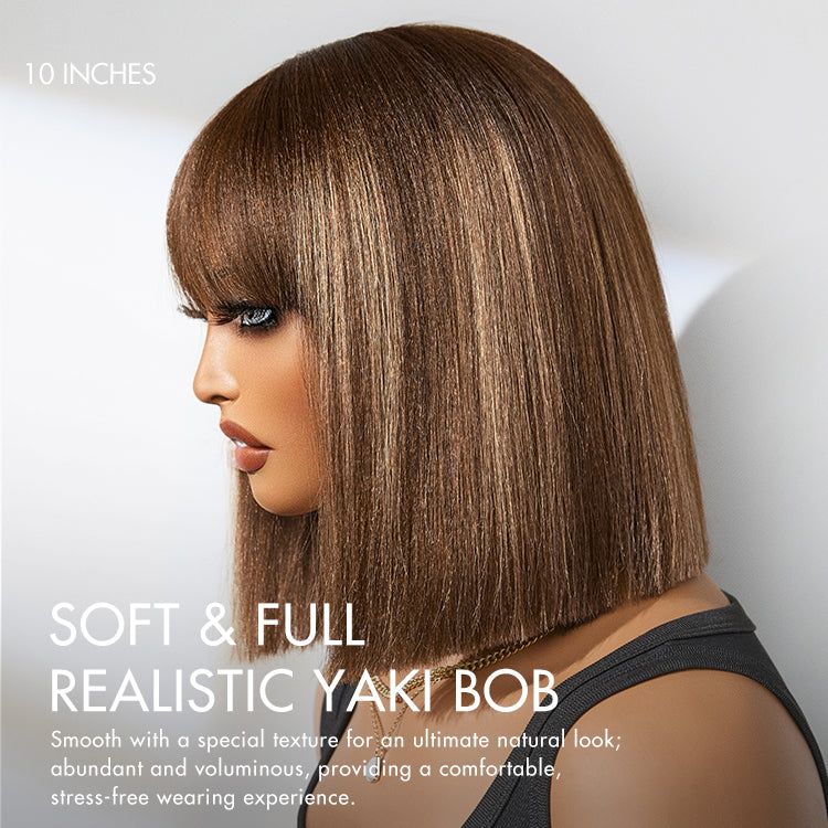 Put On and Go Realistic Glueless Yaki Straight Bob with Bangs Minimalist Lace Wig 100% Human Hair