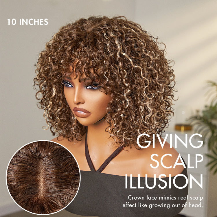 Beginner Friendly Ash Blonde Highlights Water Wave True Scalp Minimalist Lace Glueless Curly Wig with Bangs