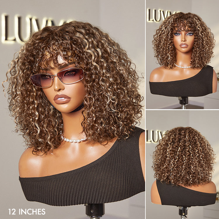 Beginner Friendly Ash Blonde Highlights Water Wave True Scalp Minimalist Lace Glueless Curly Wig with Bangs