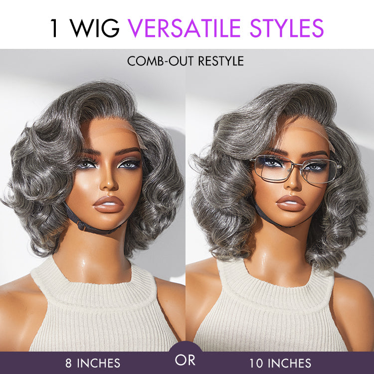 Mature Boss Salt and Pepper Bouncy Egg Curls Glueless Minimalist HD Lace Grey Wig-06