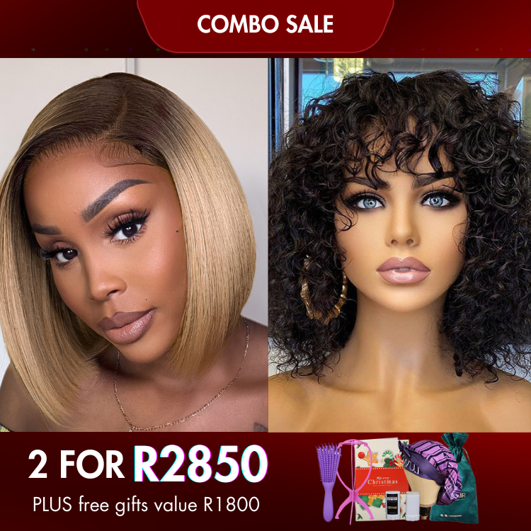 2 For 1 | HD Lace Ash Blonde Ombre Blunt Cut Bob+Water Wave With Bang Wig