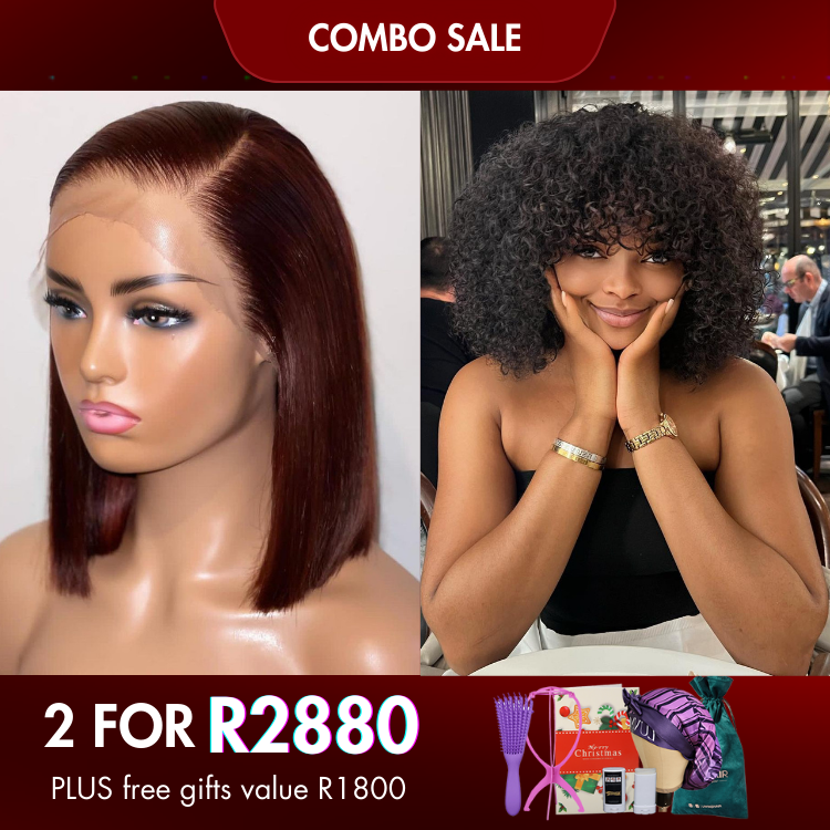 2 For 1 | Reddish Purple Side Part Glueless Wide T Lace Bob Wig+Natural Color Bouncy Deep Curly Wig