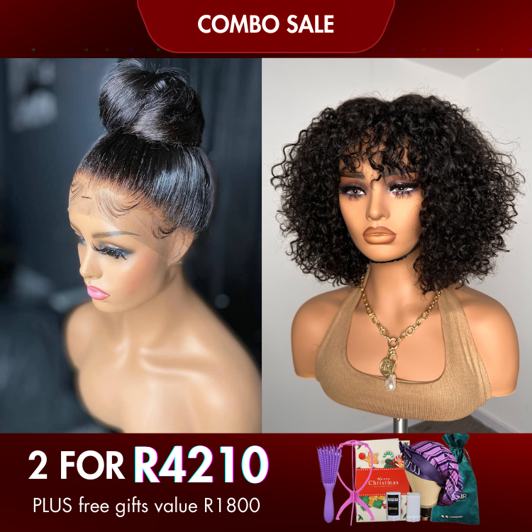 2 For 1 | 360 Lace Natural Black Straight Wig+Natural Color Bouncy Deep Curly Wig