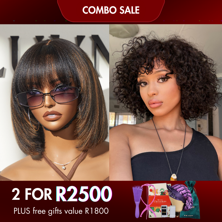 2 For 1 | Brown Highlight Layered Cut Yaki Straight Bob Wig+Natural Color Bouncy Deep Curly Wig