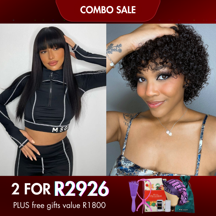 2 For 1 | Natural Black Straight 13x4 Frontal Lace Glueless Wig With Bangs+ Bouncy Glueless Wig With Bangs